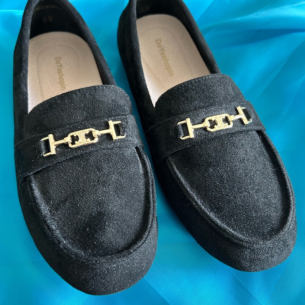 Black Suede Loafers with Gold Detail